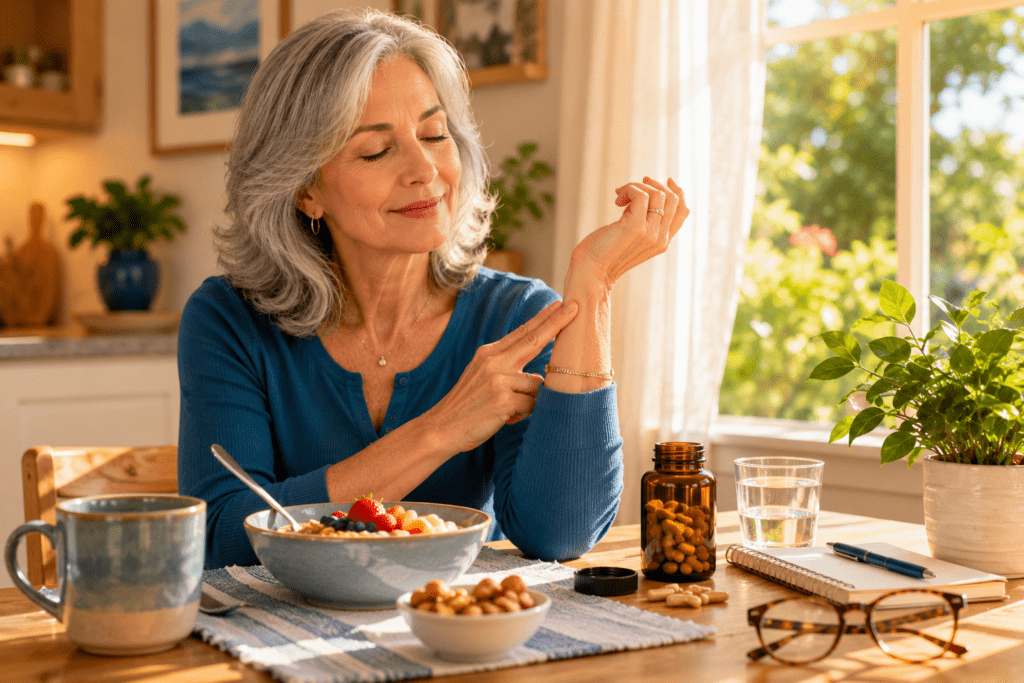 Senior woman checking her pulse at home after taking aged garlic extract supplement
