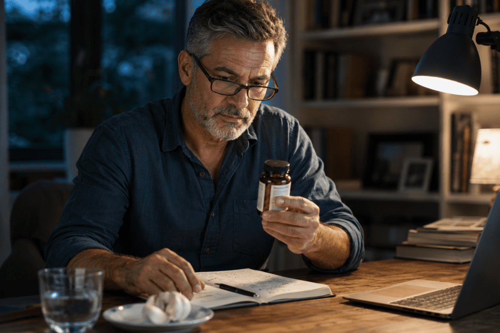 Man in his late 50s reading aged garlic extract supplement label at home desk