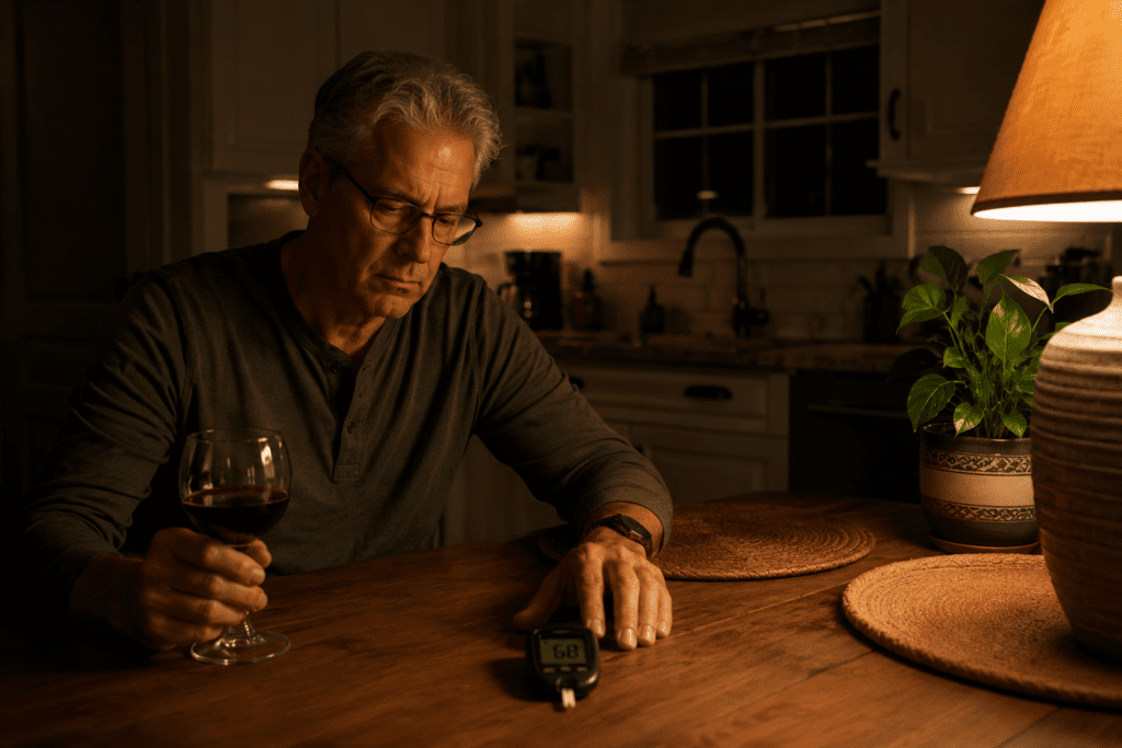 Older man holding wine glass next to glucose meter showing low blood sugar