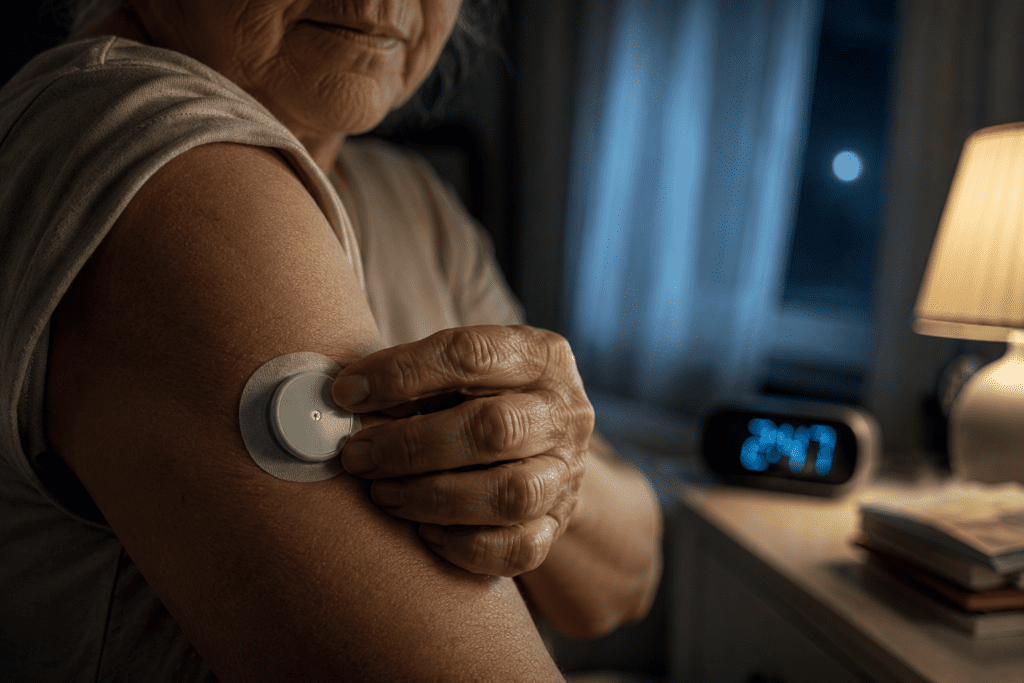 Older woman applying glucose monitor at night hours after drinking alcohol
