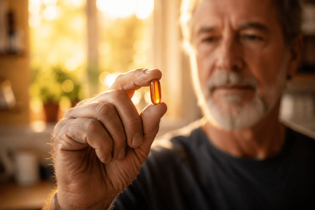 older man's hand holding alpha lipoic acid supplement capsule in morning light
