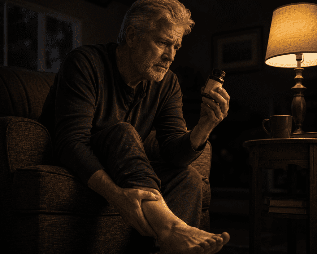 Older man holding supplement bottle for diabetic neuropathy foot pain relief
