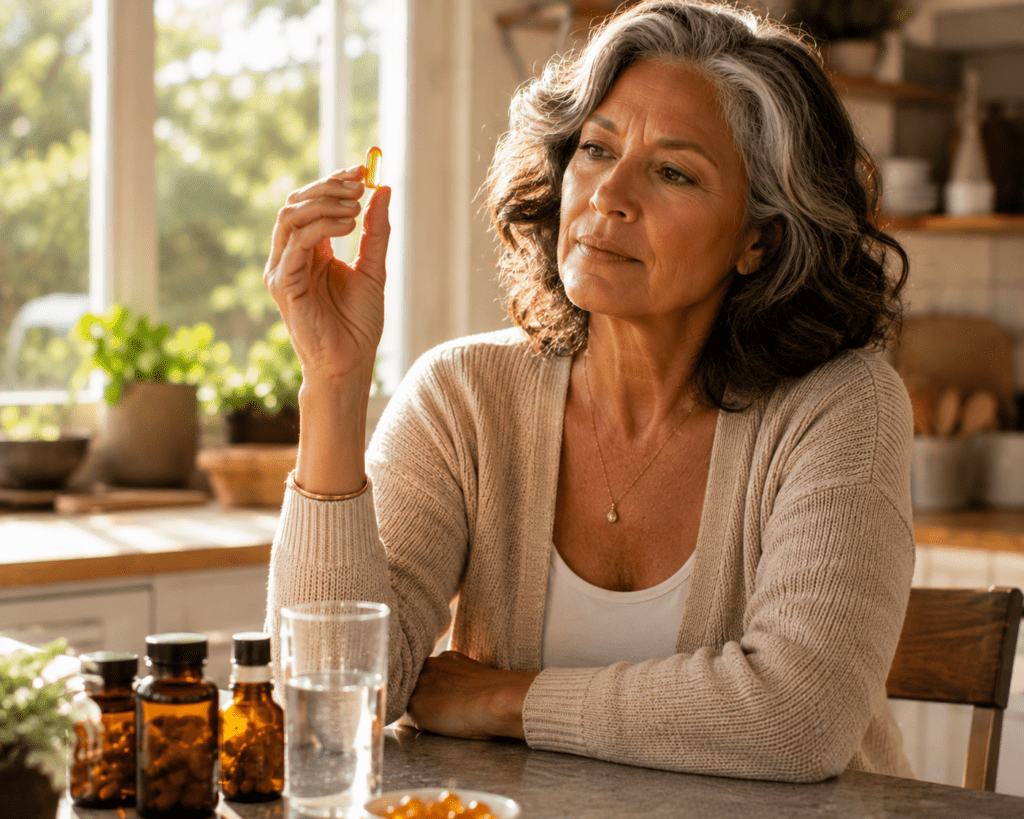 Two women in their 60s carefully comparing anti-aging supplement labels in store