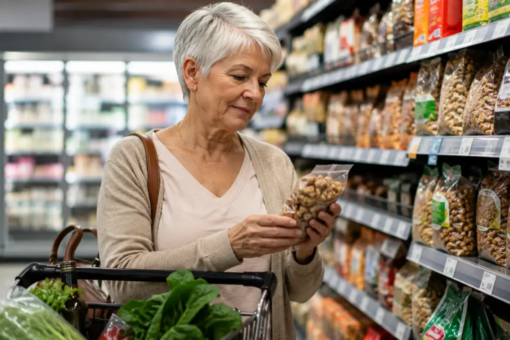 Senior woman choosing whole foods over processed snacks in grocery store
