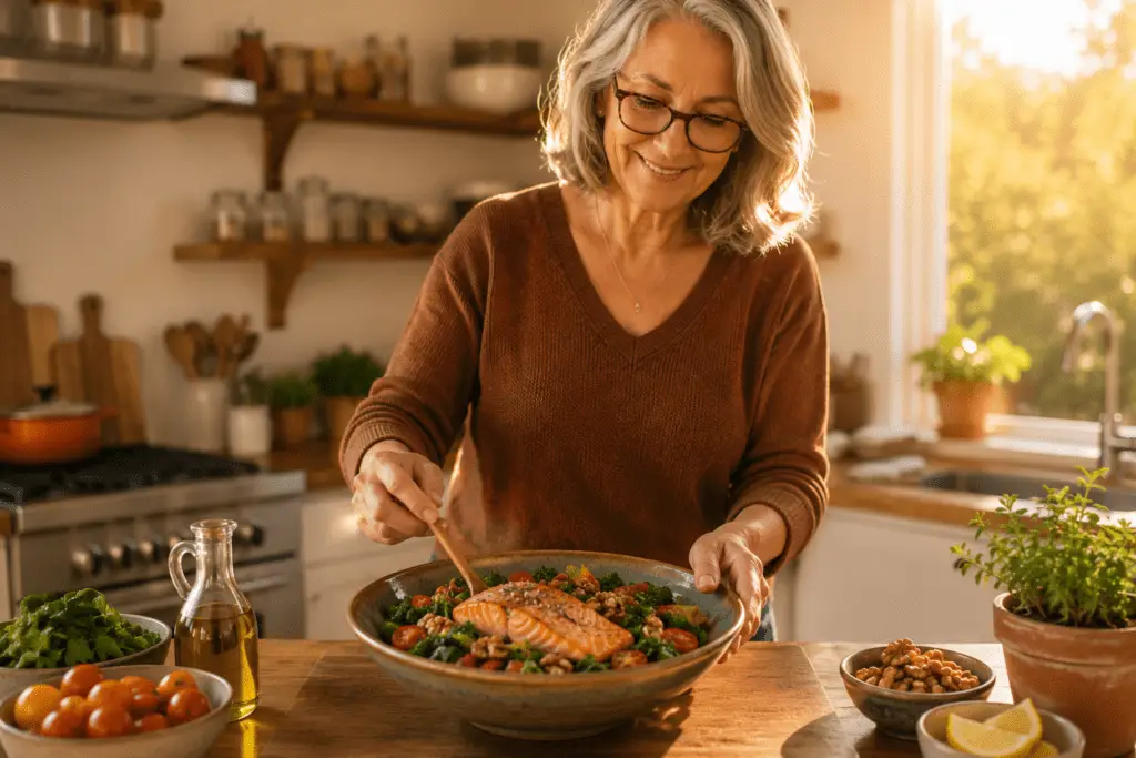 Senior woman preparing anti-inflammatory salmon bowl in warm kitchen
