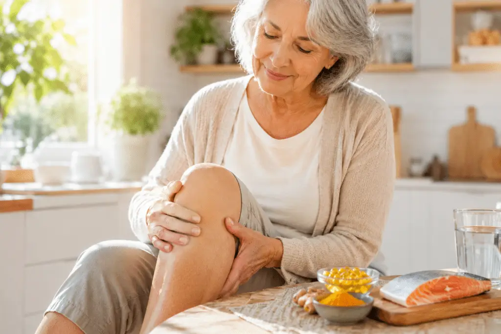 Older woman at kitchen table with turmeric supplements for joint pain