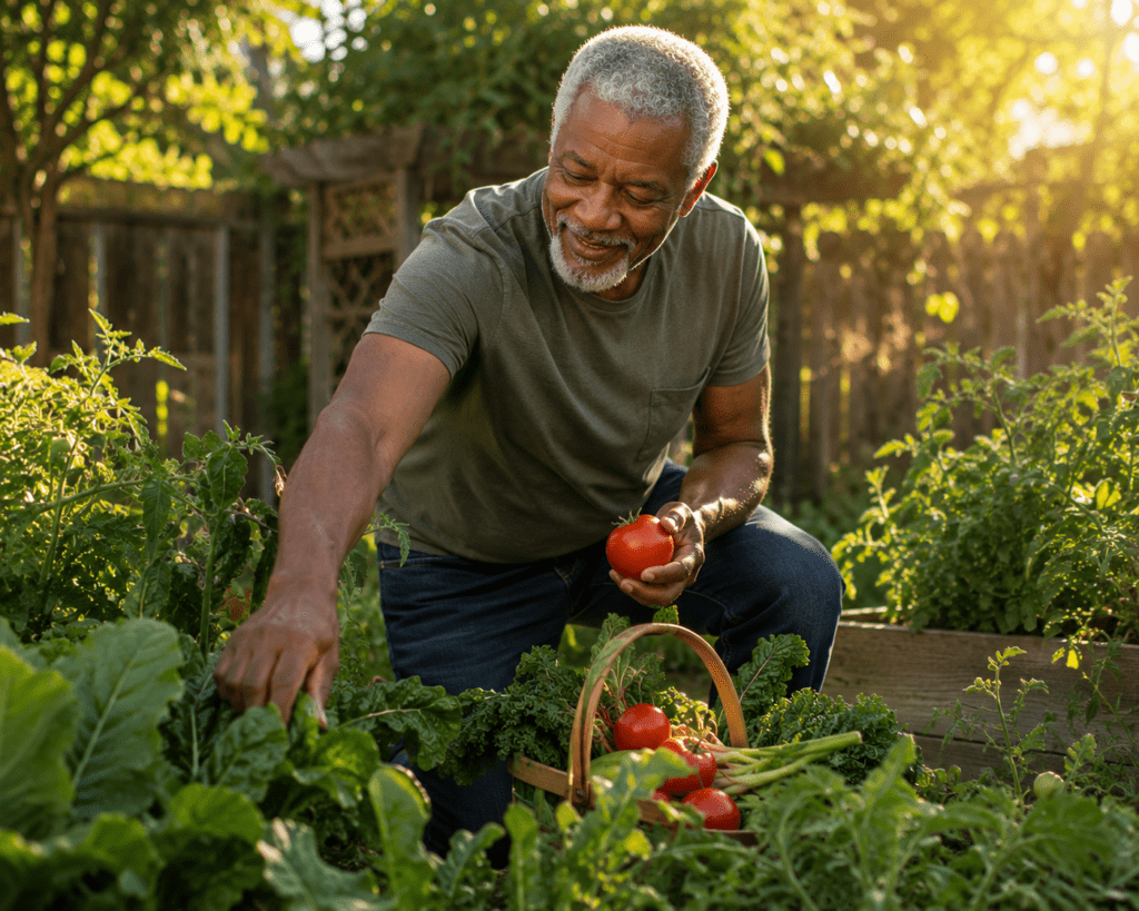 Active man in his 60s harvesting fresh anti-inflammatory vegetables in garden