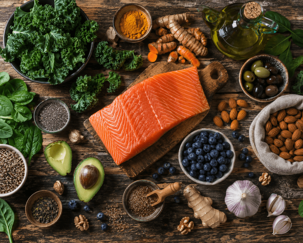 Overhead view of anti-inflammatory foods including salmon turmeric and blueberries