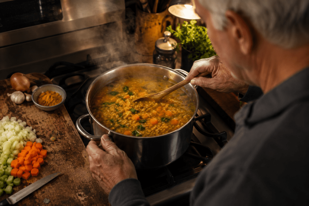 Older man stirring golden turmeric lentil soup on stovetop at home