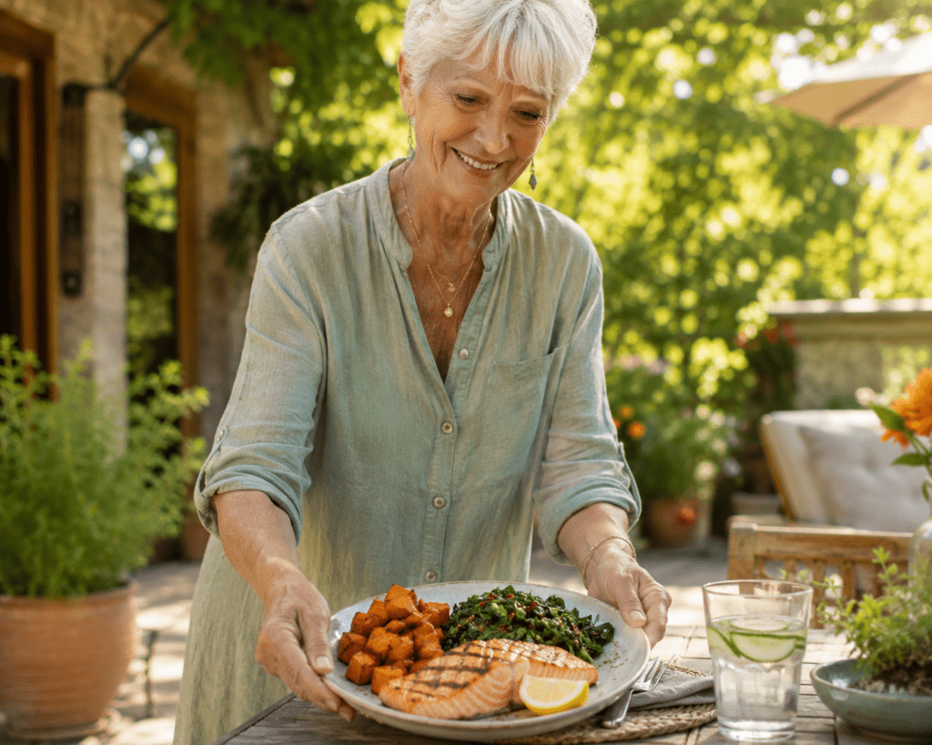 Active woman over 70 smiling while serving anti-inflammatory dinner plate outdoors