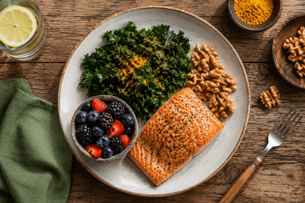 Top-down view of anti-inflammatory dinner plate with salmon and berries