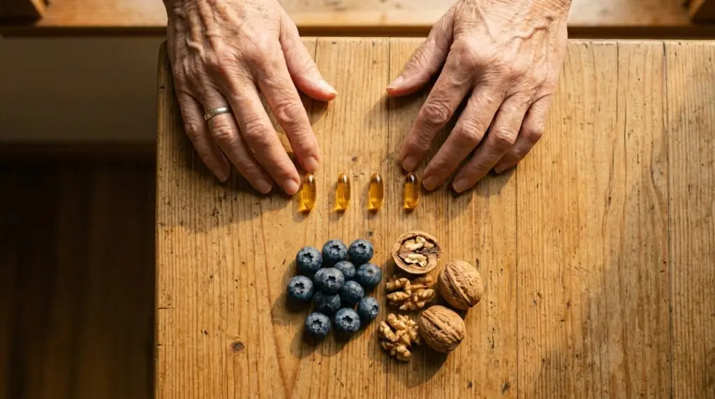 Hands arranging antioxidant supplement capsules beside blueberries and walnuts