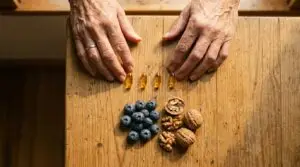 Hands arranging antioxidant supplement capsules beside blueberries and walnuts