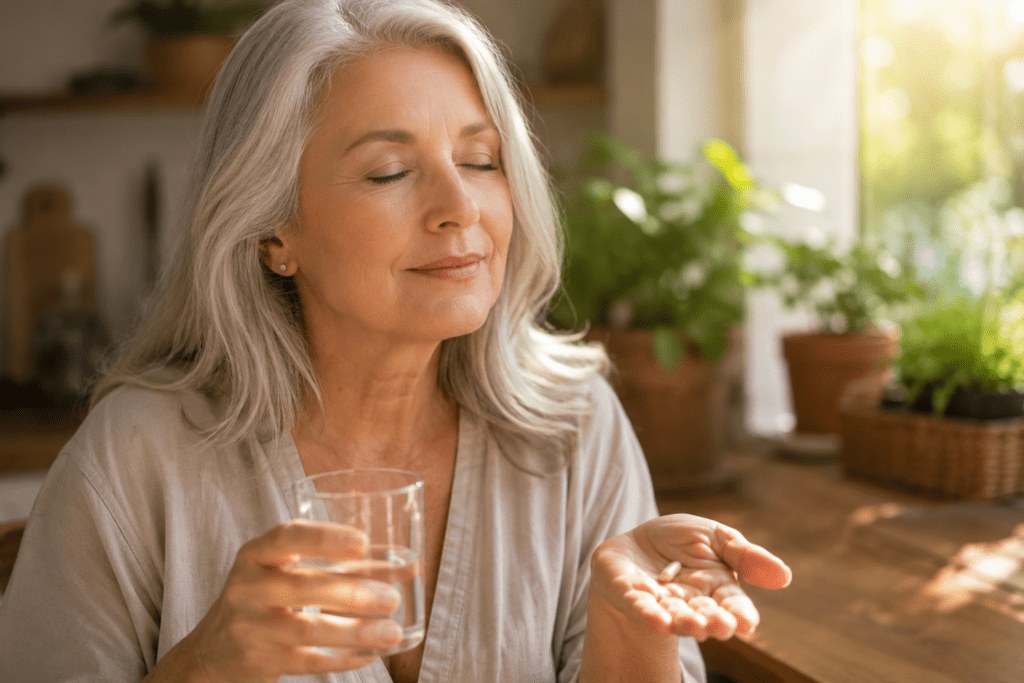 Serene woman in her 60s holding ashwagandha supplement at morning kitchen table