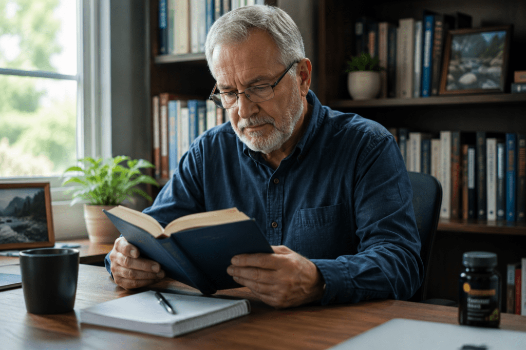 Focused man in his late 60s reading at home office desk with supplement bottle nearby
