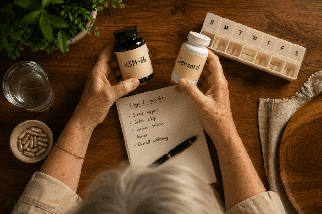 Mature woman's hands comparing KSM-66 and Sensoril ashwagandha supplement bottles on counter
