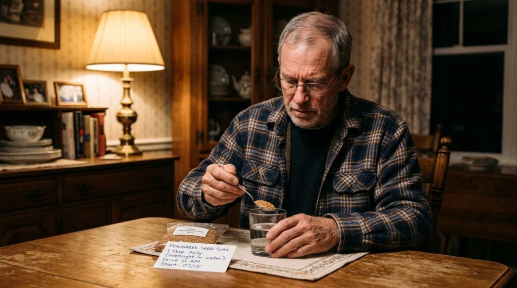 Senior man preparing fenugreek seed soak Ayurvedic diabetes home remedy at dining table