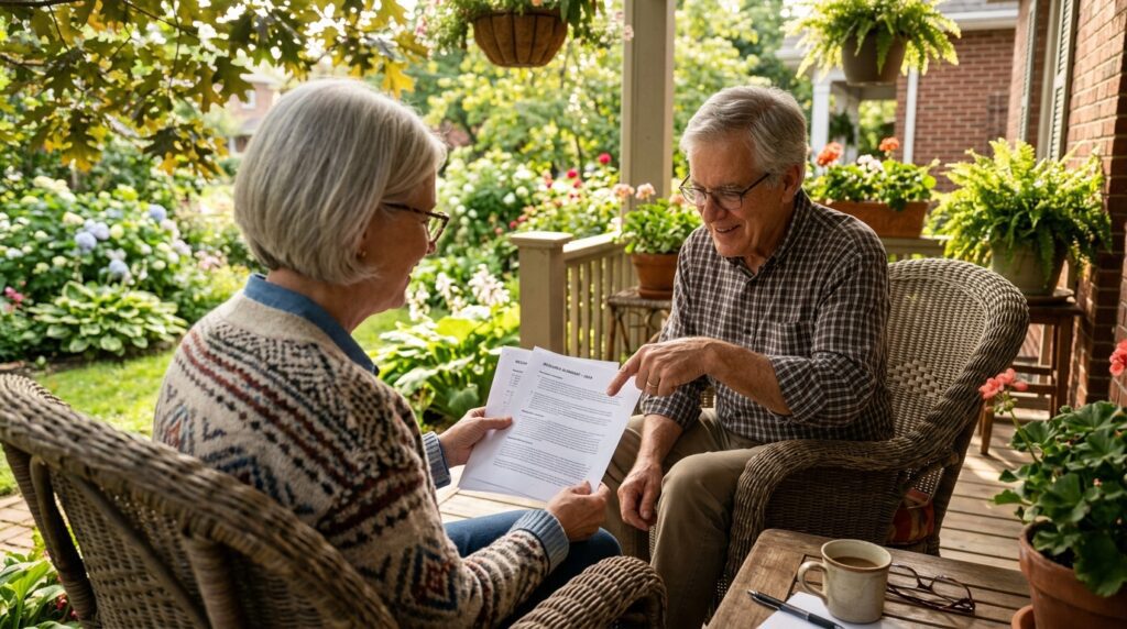 Senior woman and family member reviewing Ayurvedic diabetes research pages on front porch