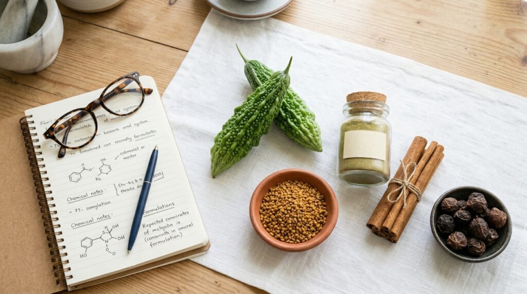 Flat lay of Ayurvedic herbs bitter melon fenugreek cinnamon amla for diabetes