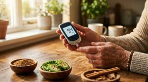 Elderly woman's hands holding glucose meter beside Ayurvedic herbs fenugreek cinnamon
