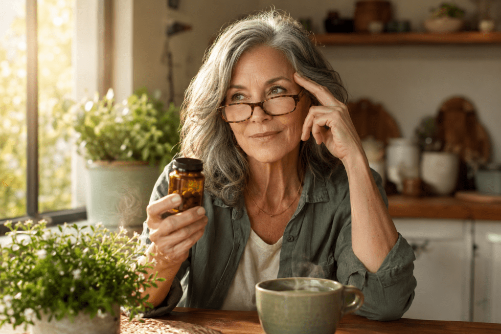 Woman over 60 holding bacopa monnieri supplement for memory and stress