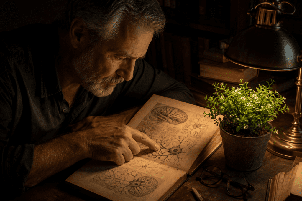Older man studying brain science with bacopa plant beside anatomy book
