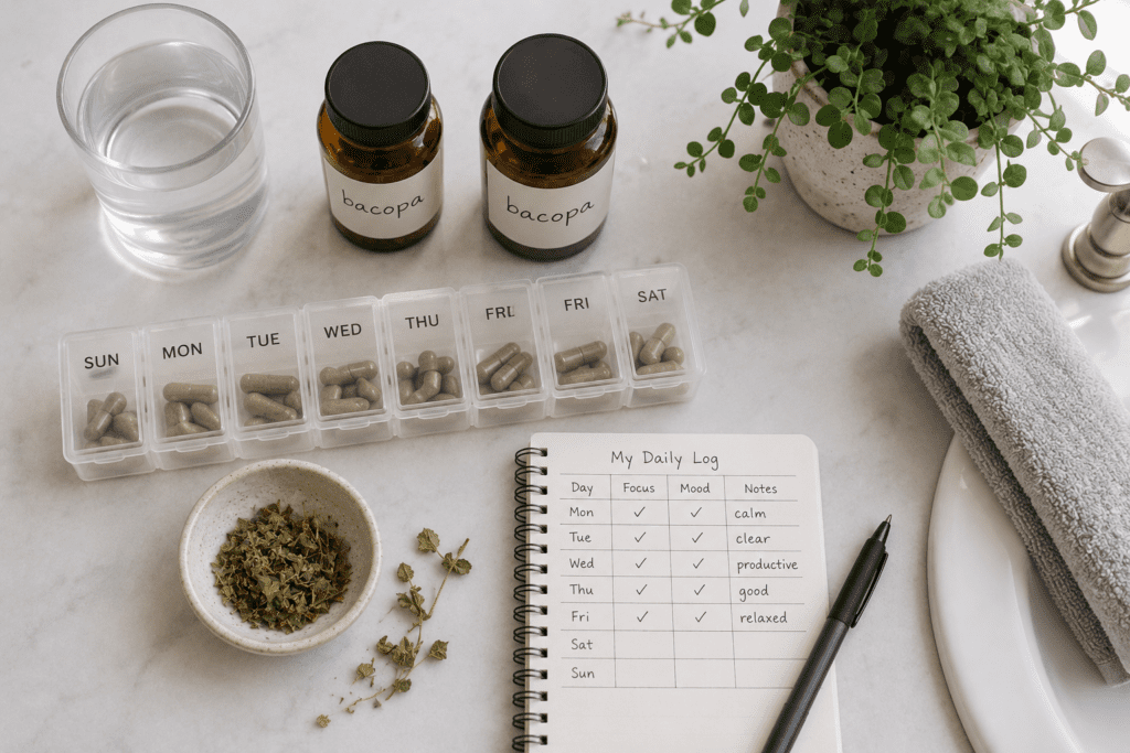 Bacopa monnieri supplement bottles with weekly pill organizer for correct dosage routine
