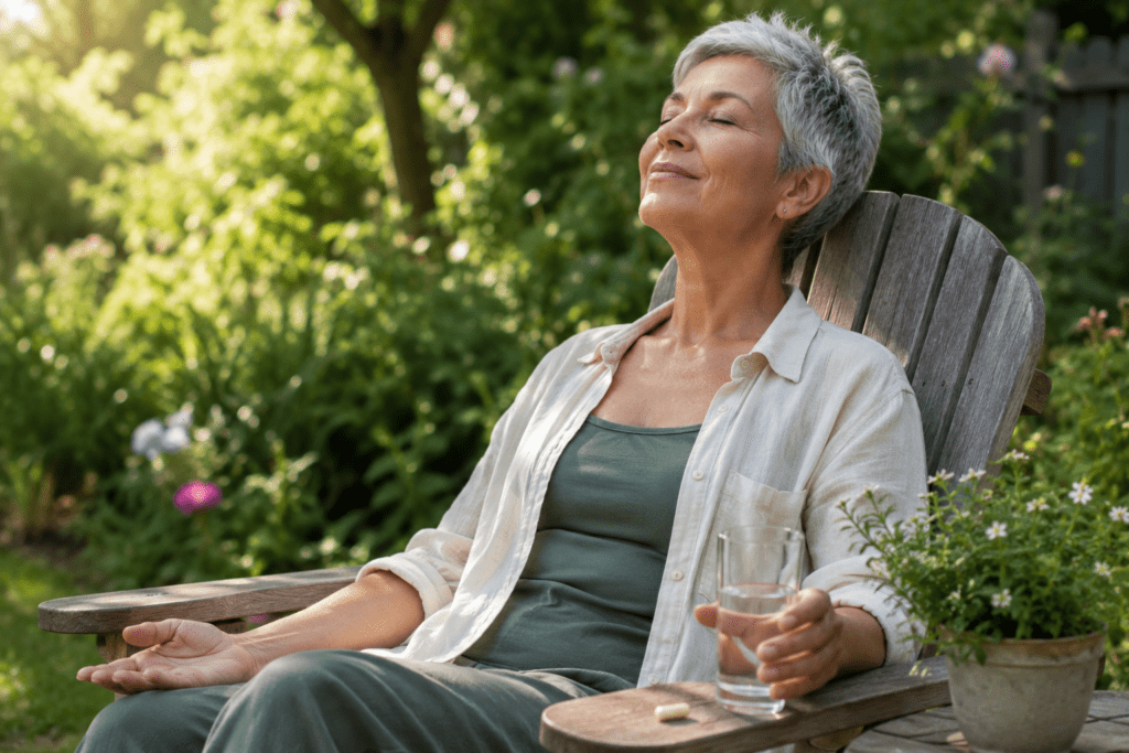 Relaxed woman over 60 in garden experiencing bacopa stress relief benefits

