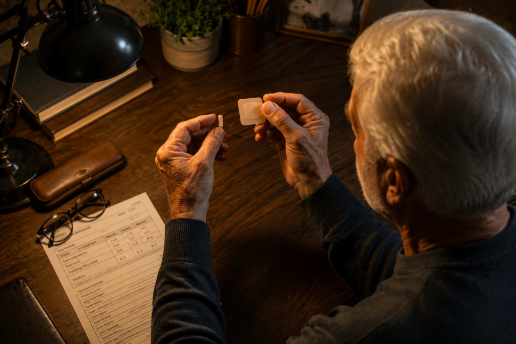 Older man comparing berberine capsule and transdermal patch beside glucose lab results