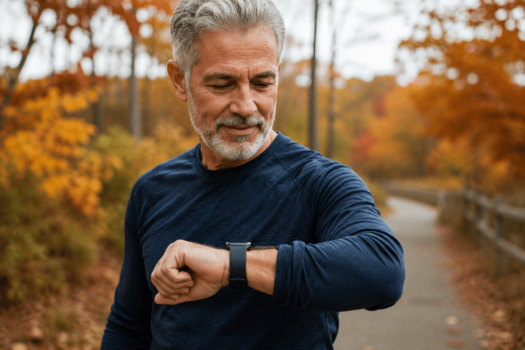 Active man in his 60s checking stable blood sugar on smartwatch during autumn walk