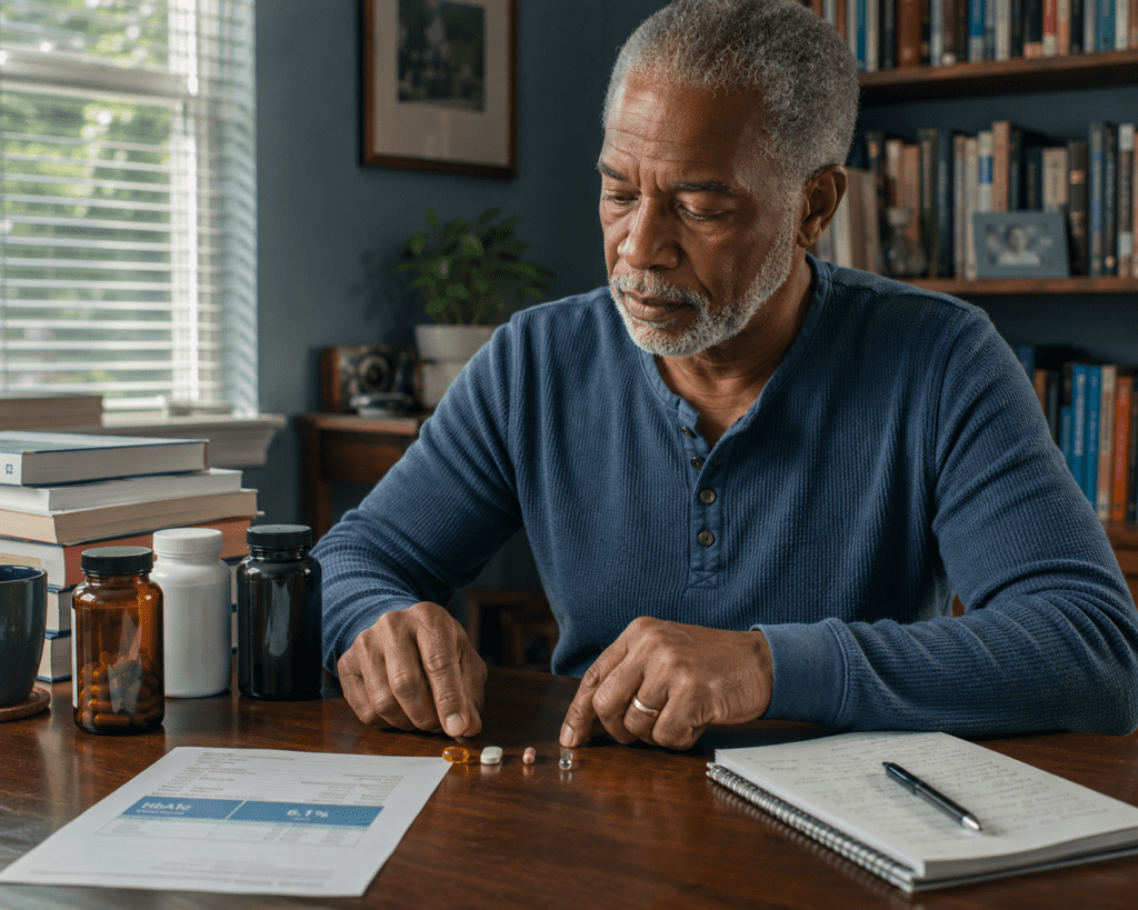 Senior man organizing berberine and vitamin D supplements beside HbA1c lab report

