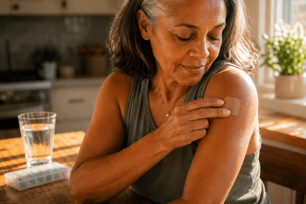 Woman in her 60s applying berberine transdermal patch for blood sugar control