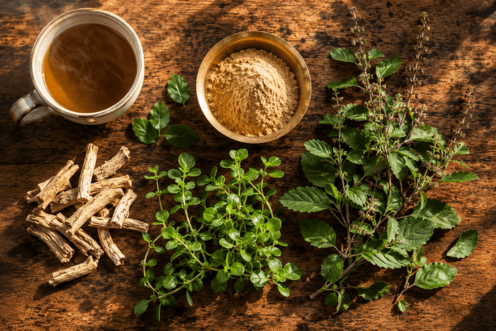 Flat lay of Ayurvedic herbs ashwagandha brahmi and tulsi on wooden surface