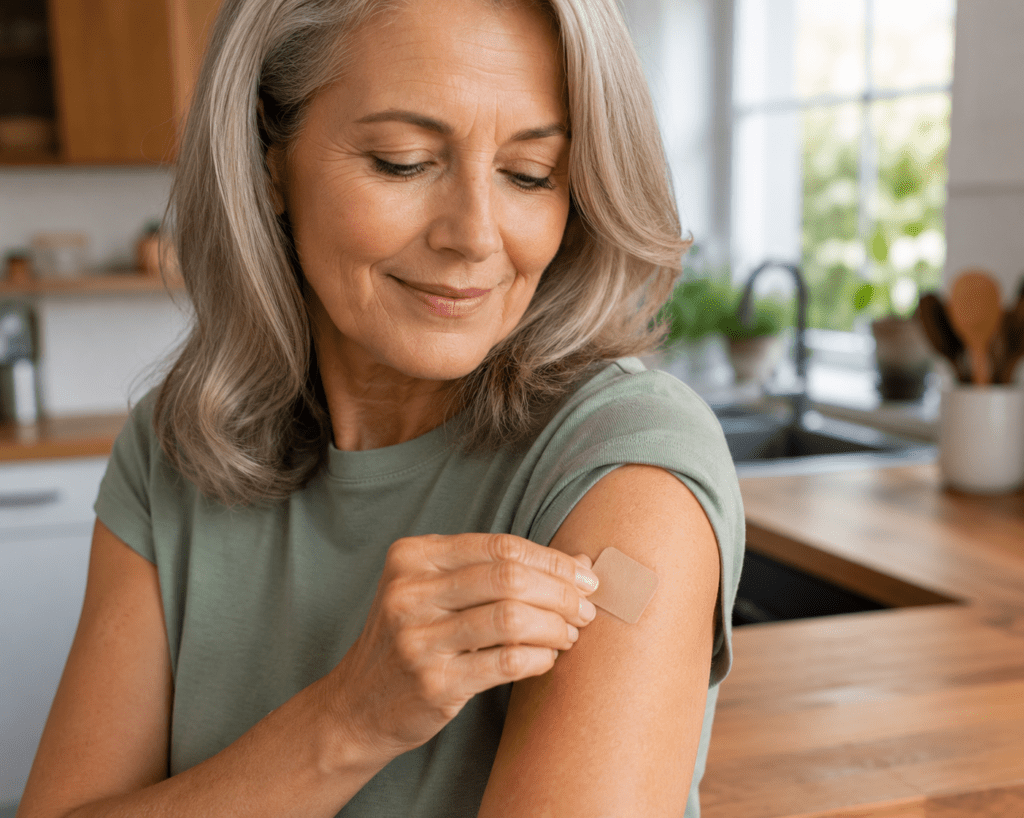 Woman applying berberine transdermal patch for blood sugar support