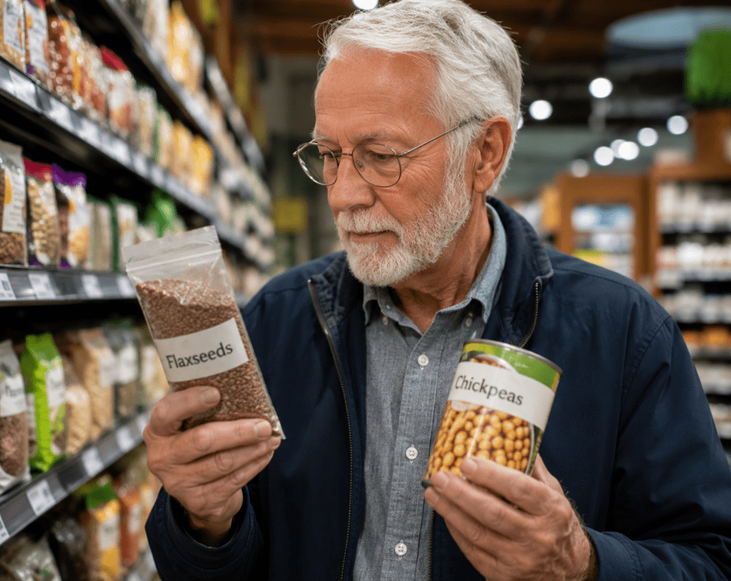 Senior man comparing high-fiber flaxseed and chickpeas at grocery store
