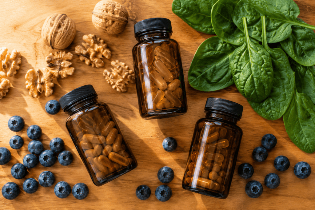 Organic multivitamin bottles arranged with walnuts blueberries and spinach on wood surface