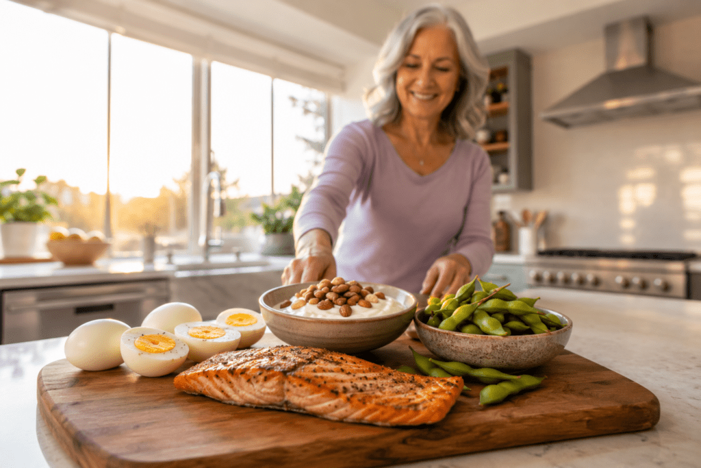 Woman in her 60s arranging high-protein foods for natural weight loss