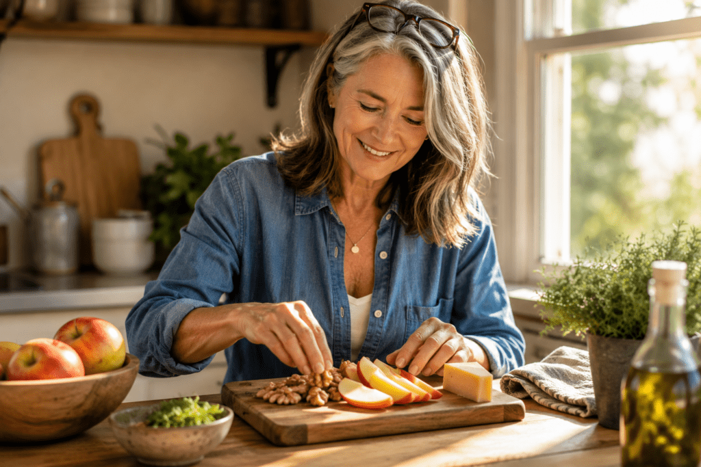 Woman in her 60s preparing blood sugar-friendly snacks at kitchen counter