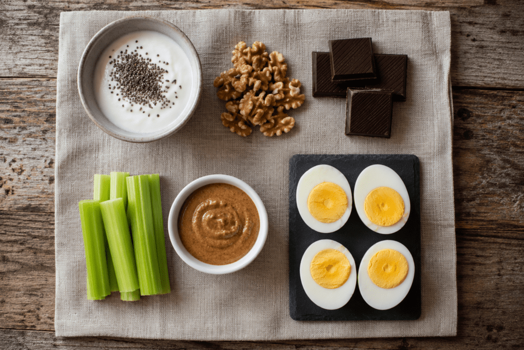 Overhead flat lay of fifteen blood sugar-stabilizing snack foods on farmhouse table
