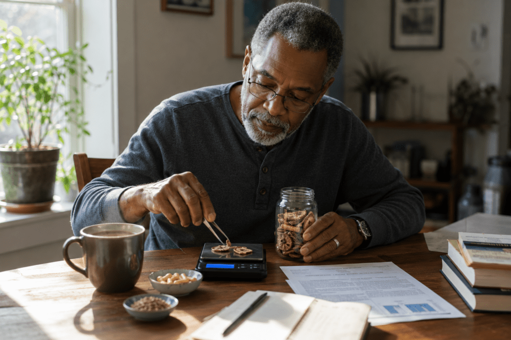Senior man measuring blood sugar herbs bitter melon berberine fenugreek at home