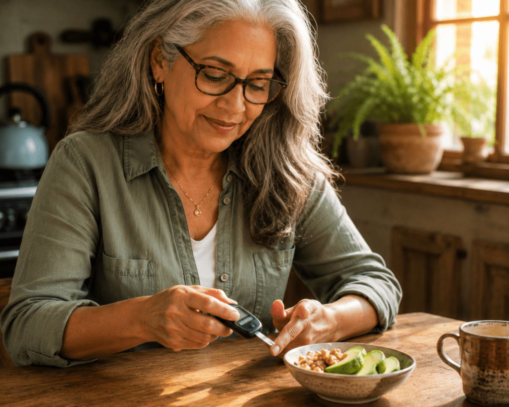Senior woman reading supplement label for blood sugar support on keto