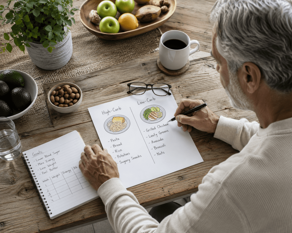 Senior man reviewing low-carb meal plan chart to manage blood sugar
