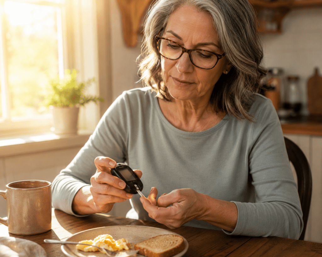 Older woman checking blood sugar levels after eating breakfast at home