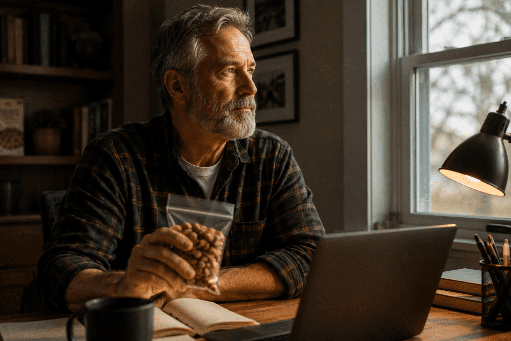 Older man at home desk making mindful snack choice for blood sugar control
