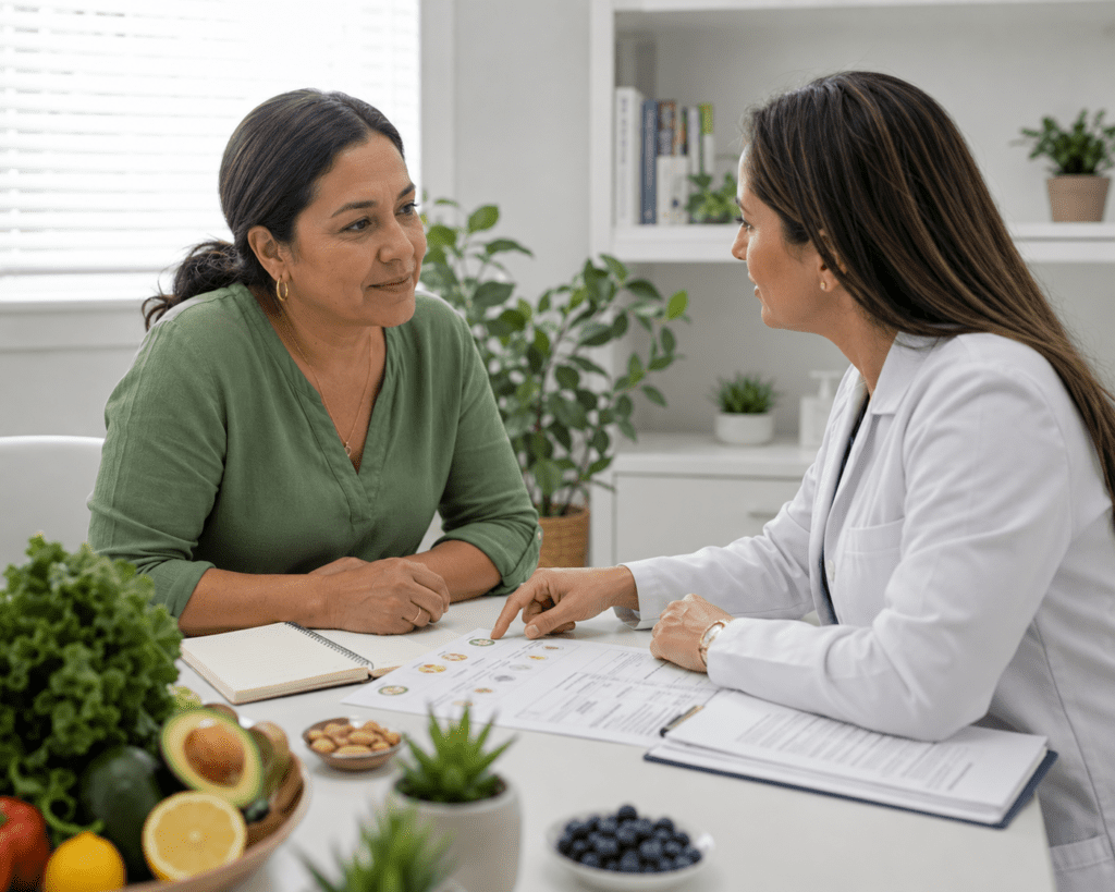 Older Latina woman reviewing blood sugar management plan with dietitian at clinic
