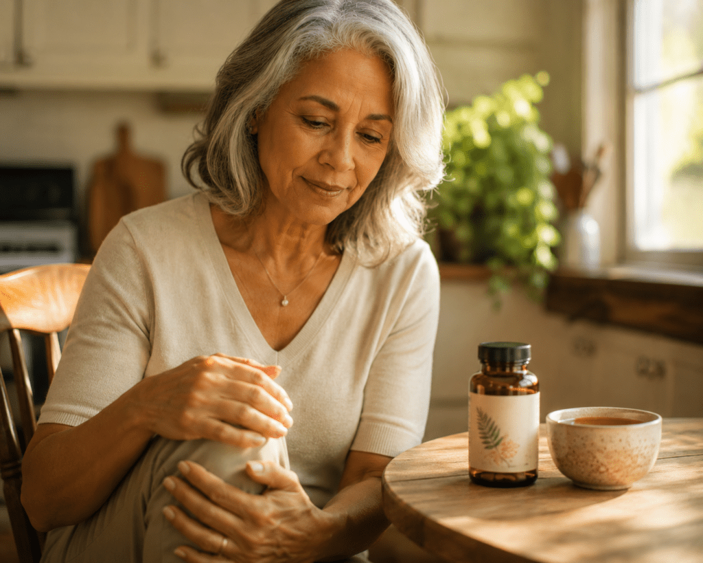 Older woman examining Boswellia supplement for joint inflammation relief
