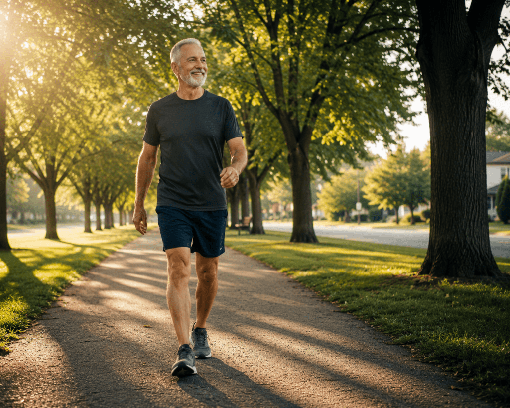 Active older man walking freely after using Boswellia for joint relief
