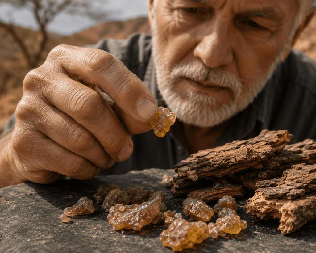 Older man examining raw Boswellia resin linked to joint inflammation science

