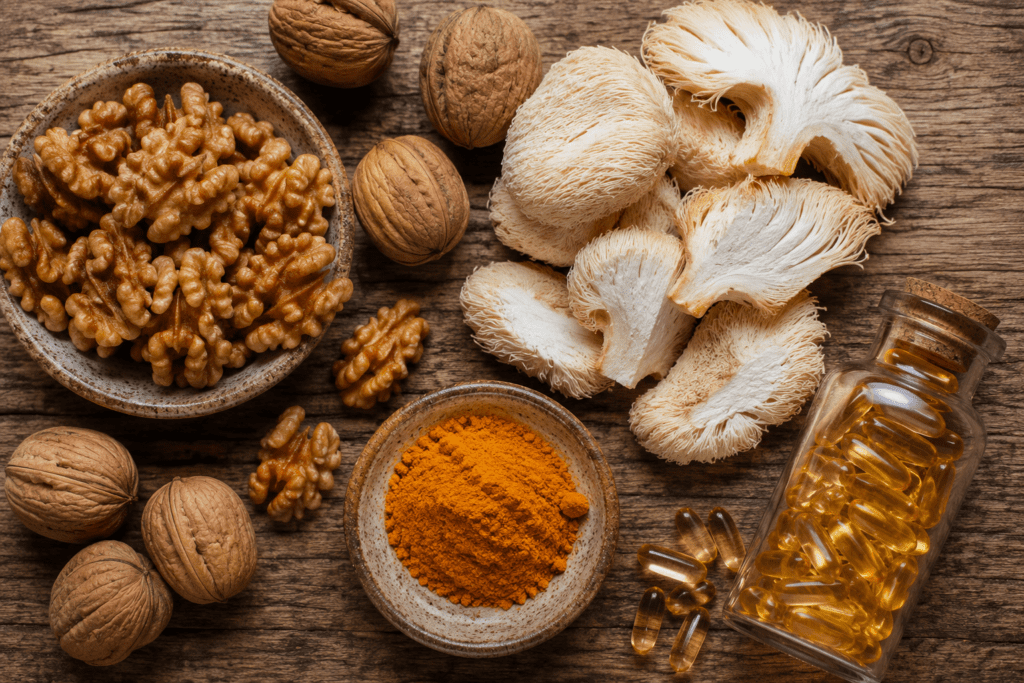 Flat lay of brain-healthy foods including walnuts, lion's mane, and turmeric