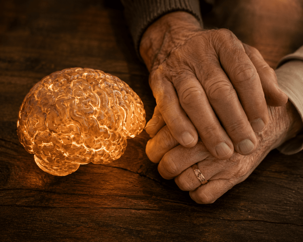 Glowing brain model beside older adults holding hands symbolizing social connection brain health